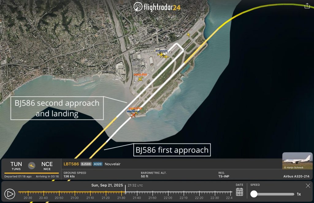 El tráfico saliente estuvo utilizando la pista 04R durante toda la tarde, mientras que el entrante a Niza utilizaba exclusivamente la pista 04L. El vuelo 586 de Nouvelair se alineó con el 04R en su primera aproximación. El audio del control del tráfico aéreo de Niza no está disponible para confirmar la asignación correcta de la pista, pero la segunda aproximación de Nouvelair y las llegadas posteriores también utilizaron 04L. / Fuente: FlightRadar 24